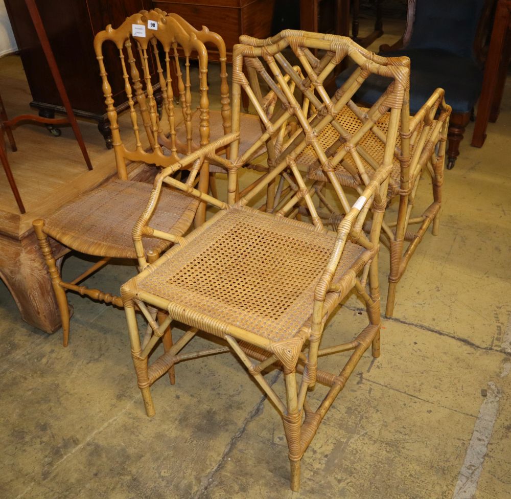 A pair of cane seat turned chairs and a pair of bamboo elbow chairs